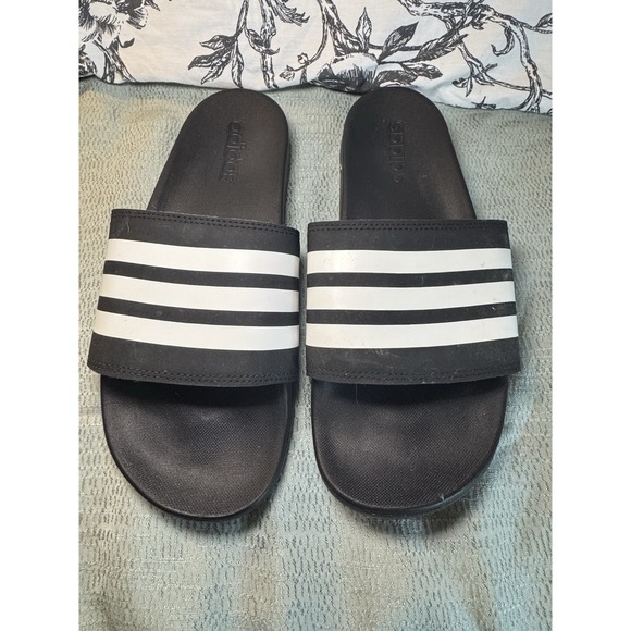 adidas Shoes - Adidas White And Black Striped Slides Women's 9
